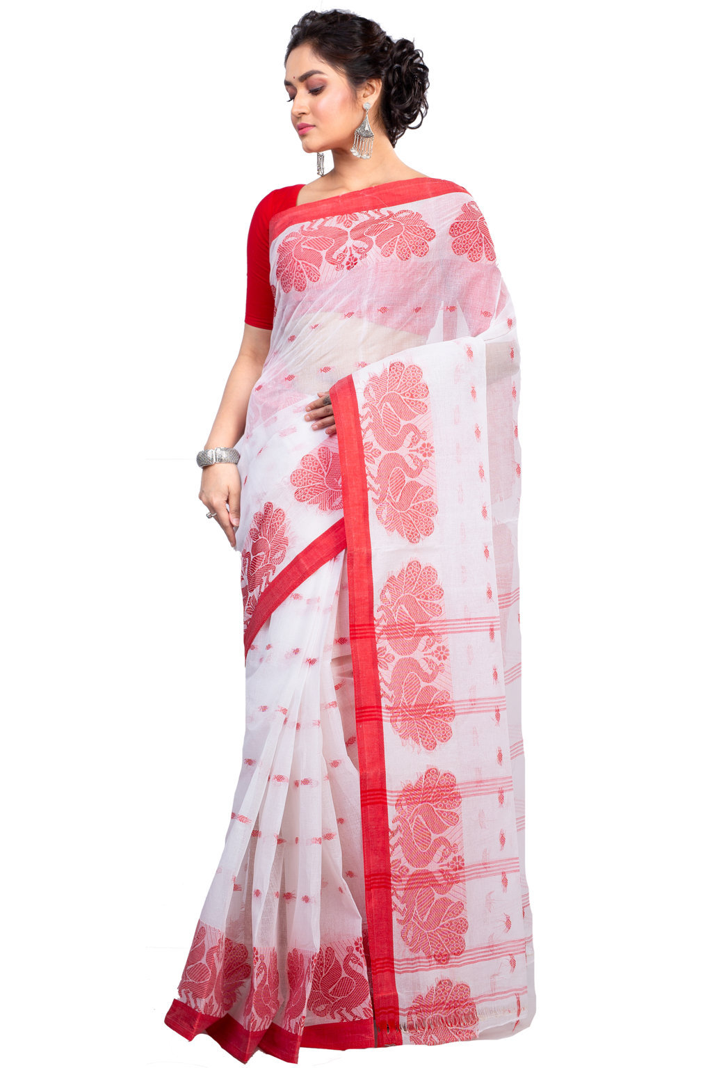 White Pure Cotton MOYUR PAR Tant Saree (903)